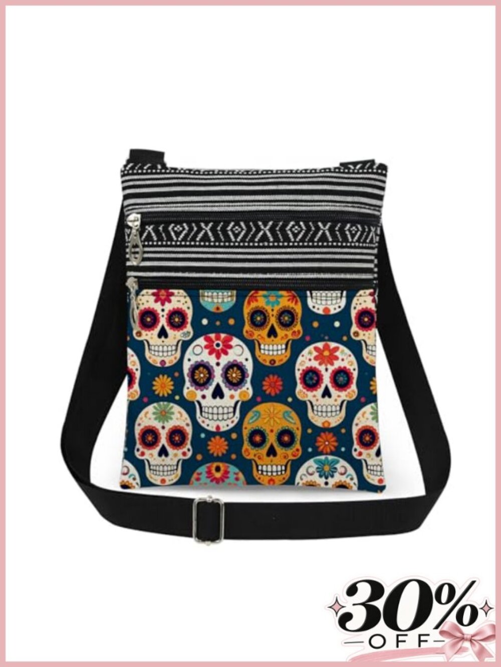 Mexican Sugar Skull Floral Crossbody Bag Polyester Adjustable Strap